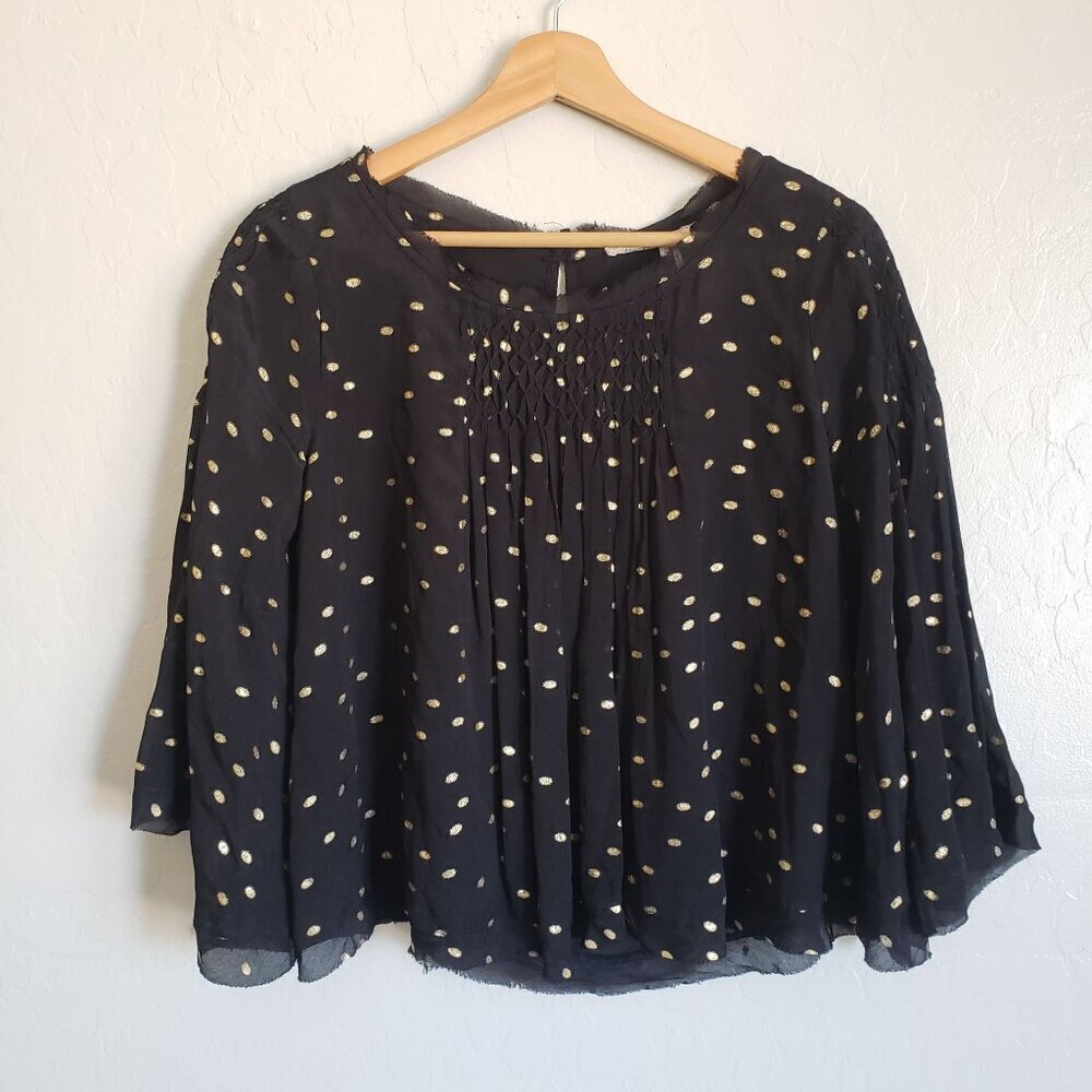Anthropologie Floreat Everafter Polka Dot Bell Sleeve Top Black/Gold Women's XS